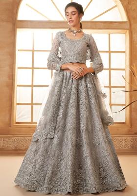 Grey Embroidered Net Lehenga Set