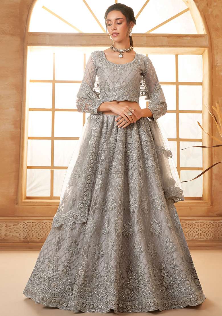 Grey Embroidered Net Lehenga Set - Indya