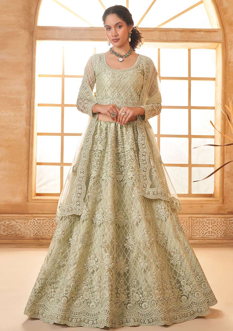 Pista Green Embroidered Net Lehenga Set - Indya