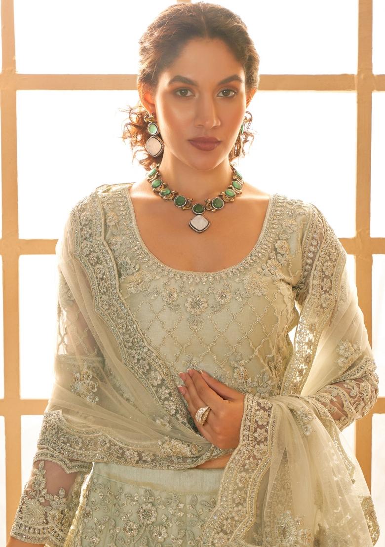 Pista Green Embroidered Net Lehenga Set - Indya