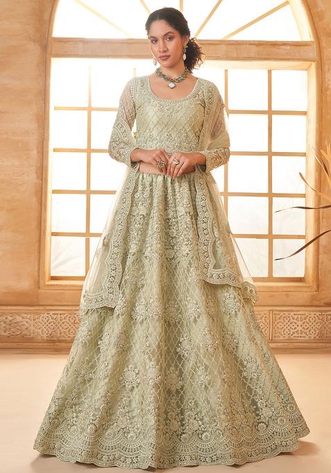 Pista Green Embroidered Net Lehenga Set — view on Indya
