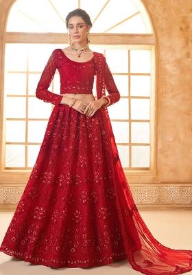 Red Embroidered Net Lehenga Set