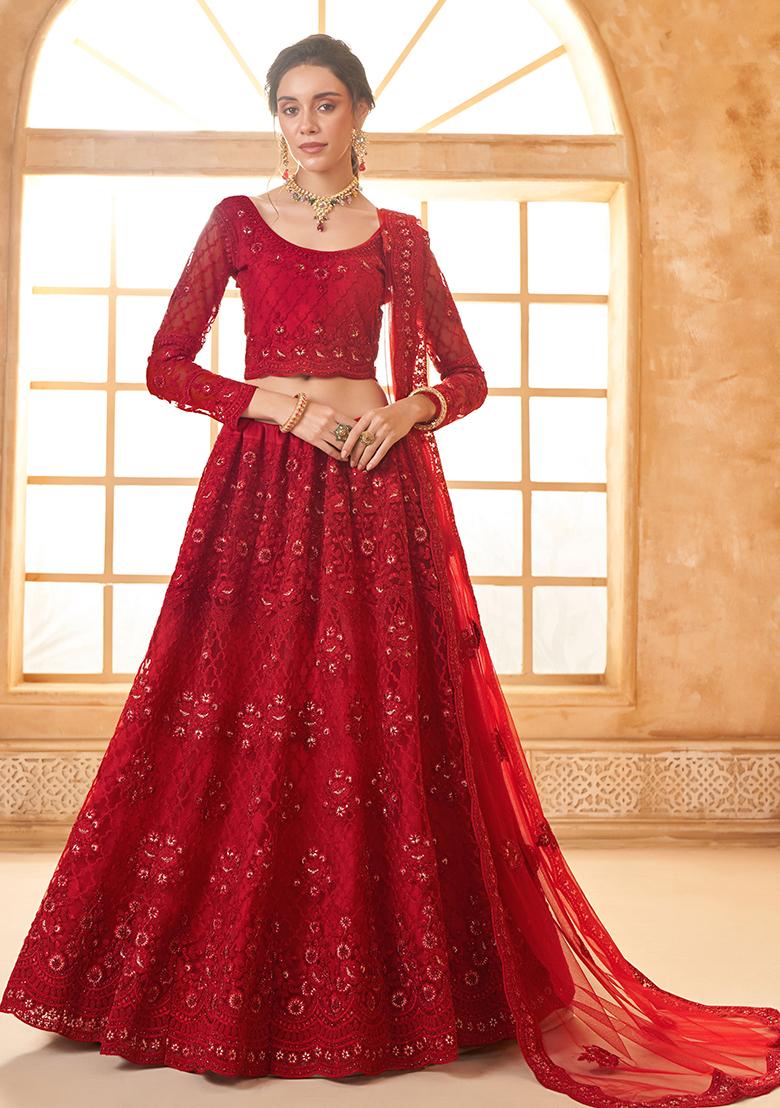 Red Embroidered Net Lehenga Set - Indya
