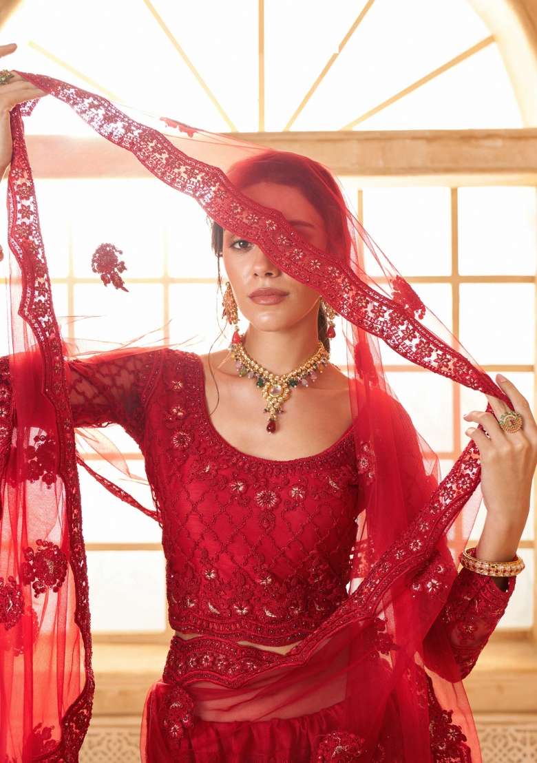 Red Embroidered Net Lehenga Set - Indya