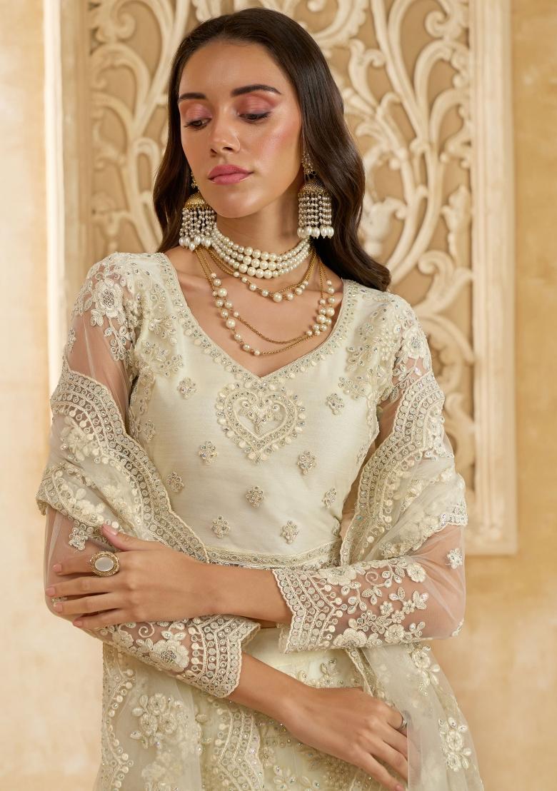 White Embroidered Net Lehenga Set - Indya