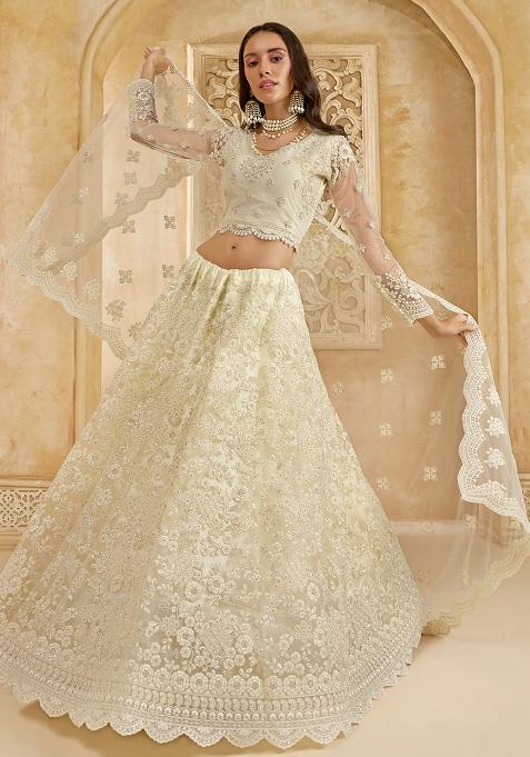 White Embroidered Net Lehenga Set — view on Indya