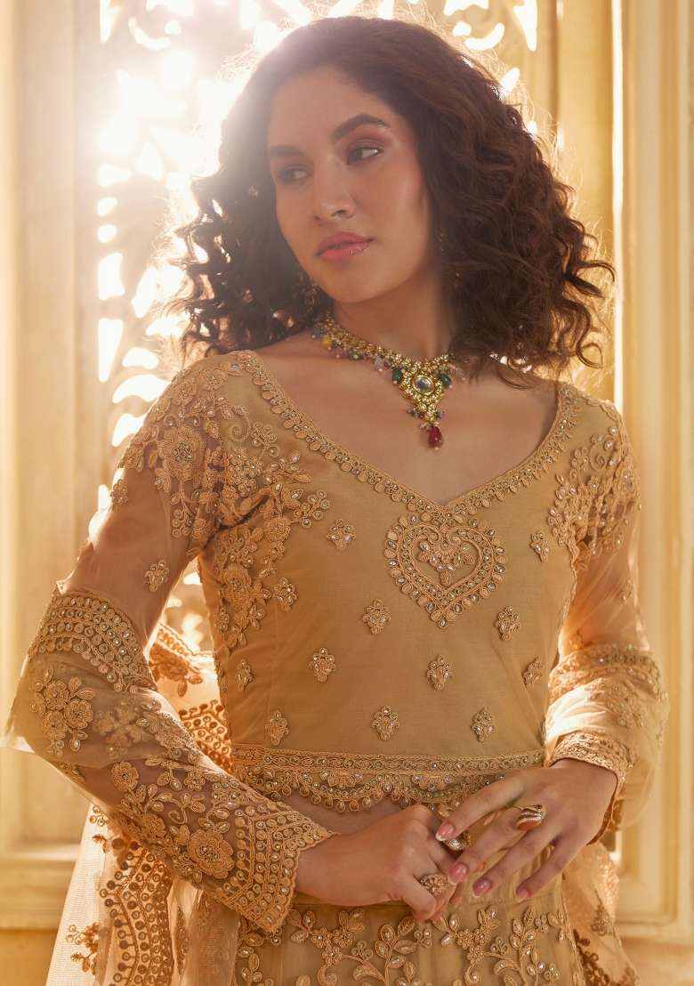 Fawn Embroidered Net Lehenga Set - Indya