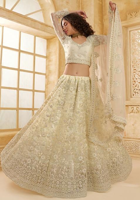 White Embroidered Net Lehenga Set — view on Indya