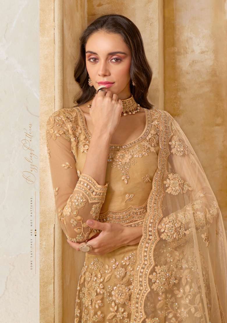 Fawn Embroidered Net Lehenga Set - Indya