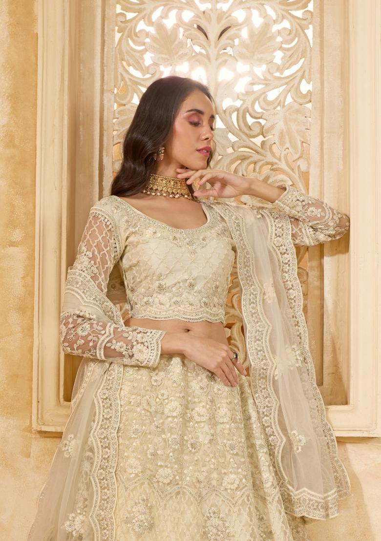White Embroidered Net Lehenga Set - Indya