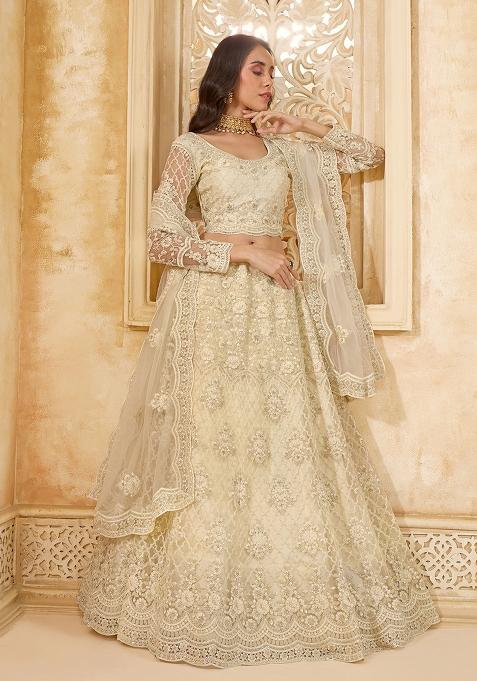 White Embroidered Net Lehenga Set — view on Indya