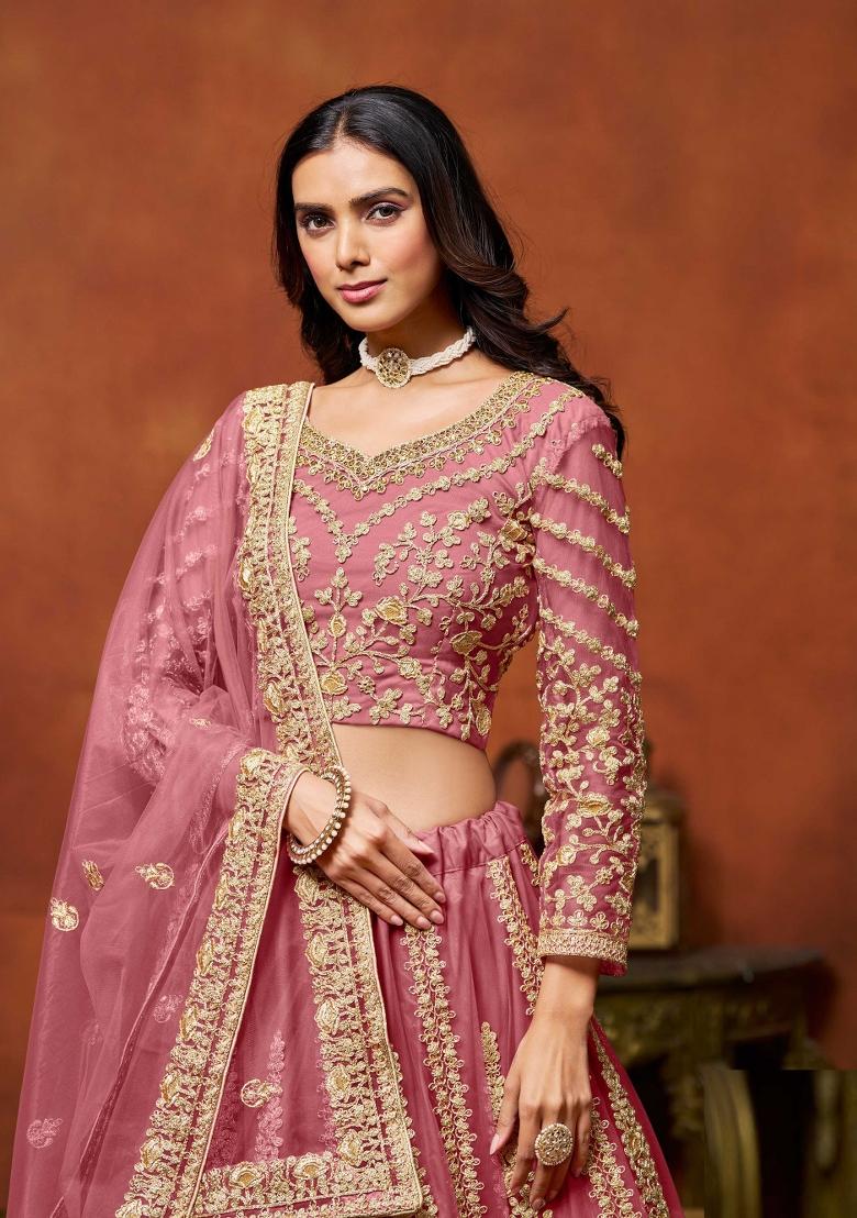 Pink Embroidered Net Lehenga Set - Indya