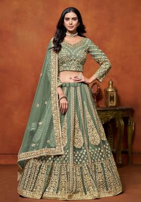 Green Embroidered Net Lehenga Set