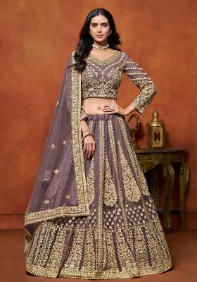 Purple Embroidered Net Lehenga Set