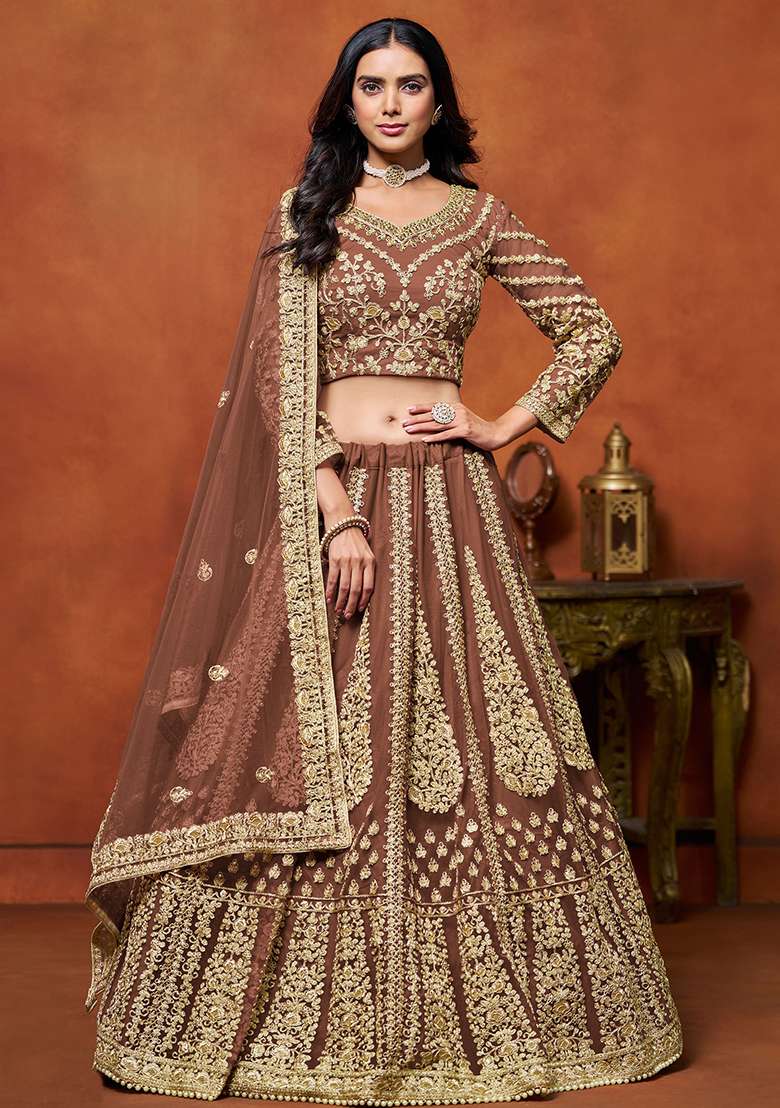 Brown Net Lehenga Set with Embroidered for Diwali | Wedding & Festive Wear - Indya