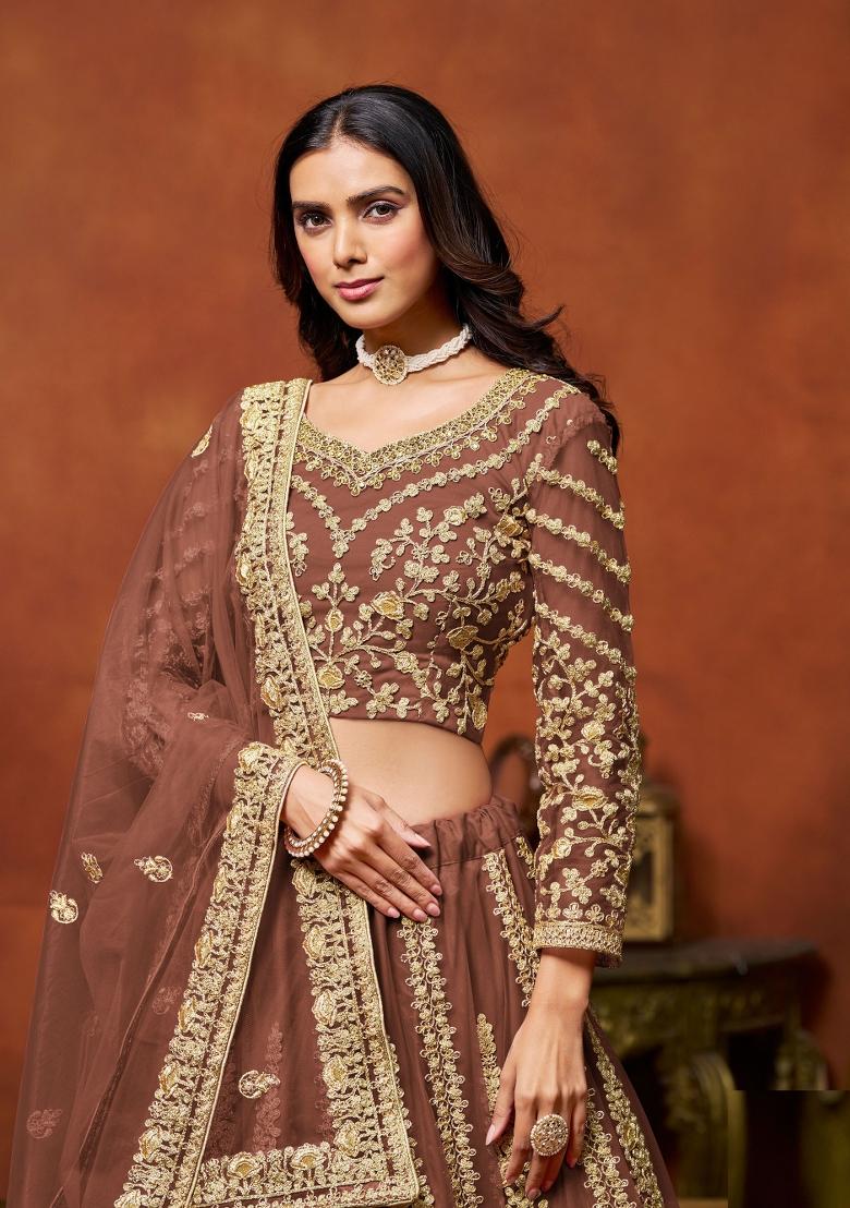 Brown Embroidered Net Lehenga Set - Indya