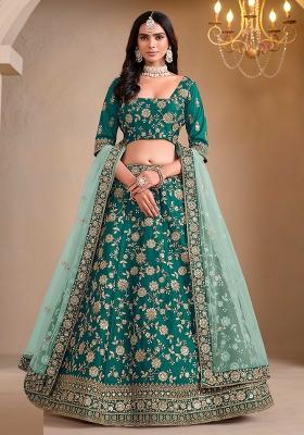 Teal Green Embroidered Art Silk Lehenga Set