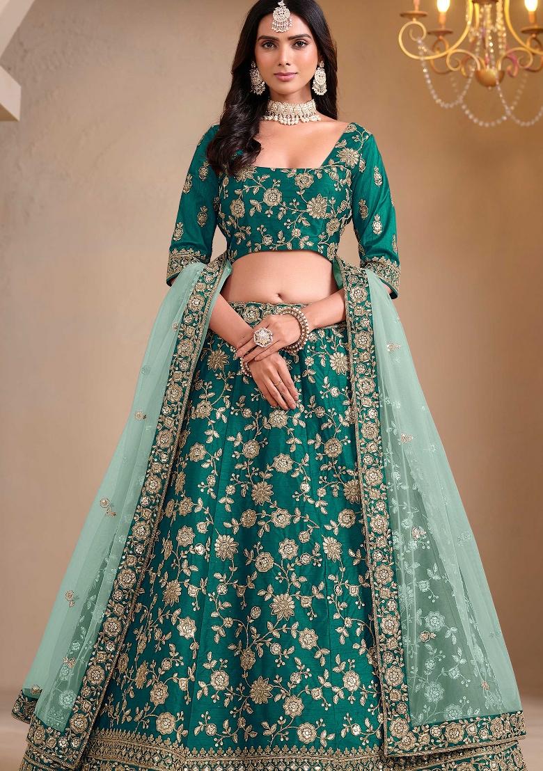 Teal Green Embroidered Art Silk Lehenga Set - Indya