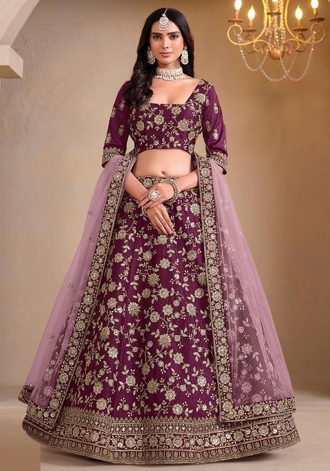 Purple Embroidered Art Silk Lehenga Set — view on Indya