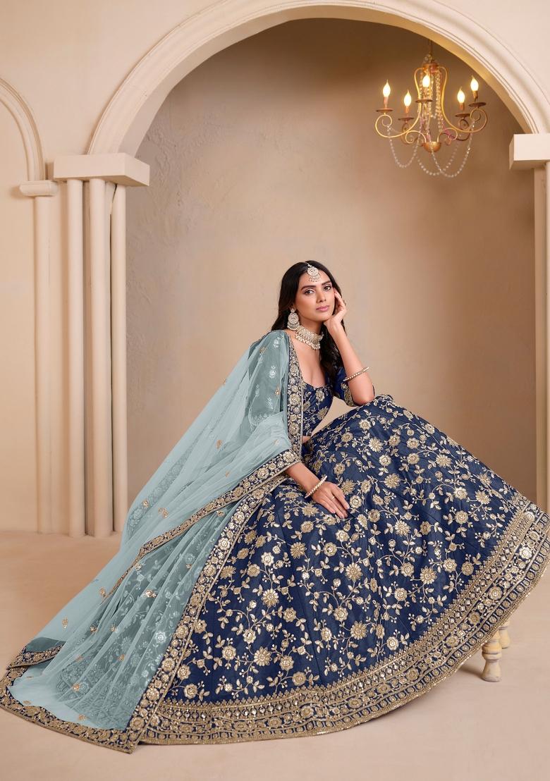 Blue Embroidered Art Silk Lehenga Set - Indya