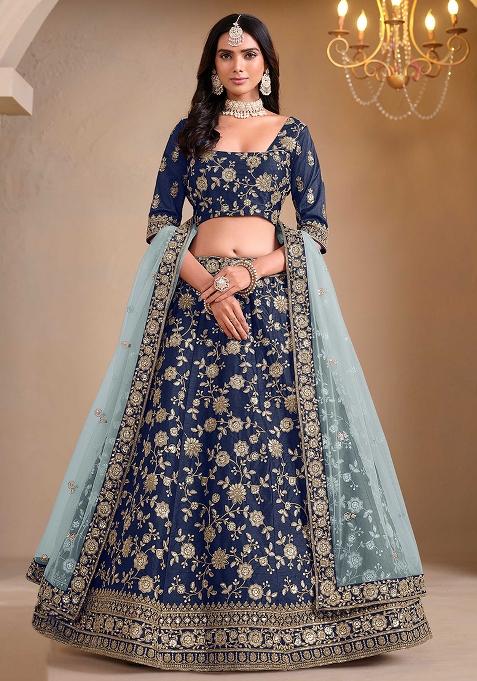 Blue Embroidered Art Silk Lehenga Set — view on Indya