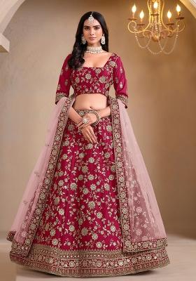 Pink Embroidered Art Silk Lehenga Set