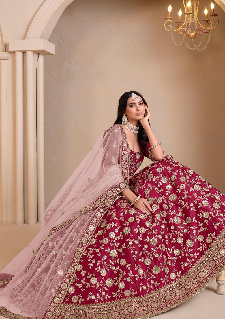 Pink Embroidered Art Silk Lehenga Set - Indya