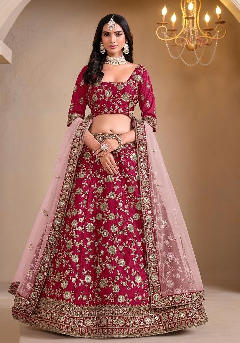 Pink Embroidered Art Silk Lehenga Set — view on Indya