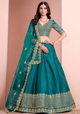 Blue Embroidered Art Silk Lehenga Set
