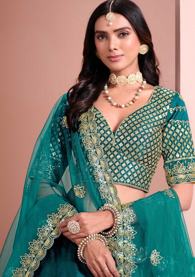 Blue Embroidered Art Silk Lehenga Set - Indya