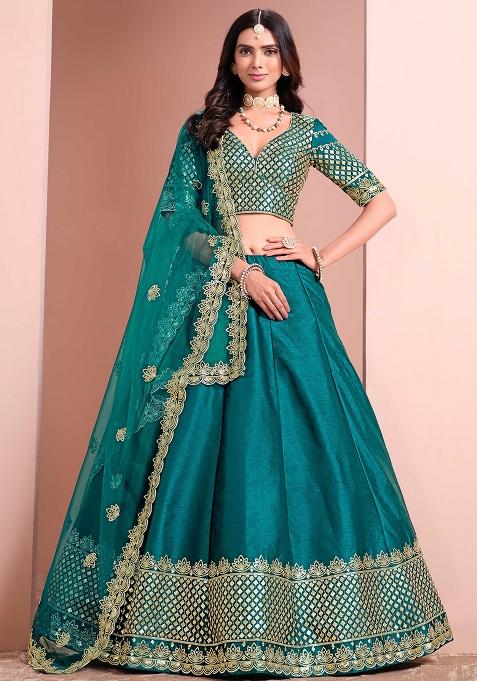 Blue Embroidered Art Silk Lehenga Set — view on Indya