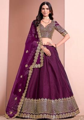 Purple Embroidered Art Silk Lehenga Set