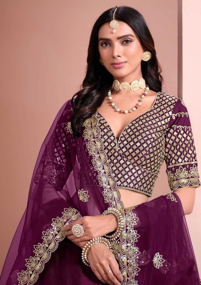 Purple Embroidered Art Silk Lehenga Set - Indya