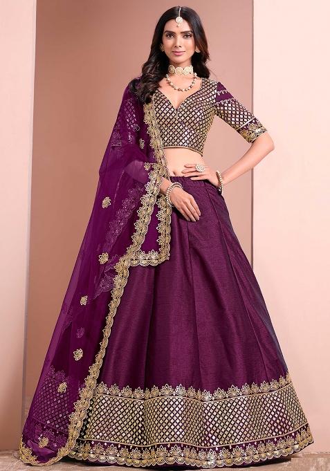 Purple Embroidered Art Silk Lehenga Set — view on Indya