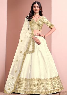 Off White Embroidered Art Silk Lehenga Set
