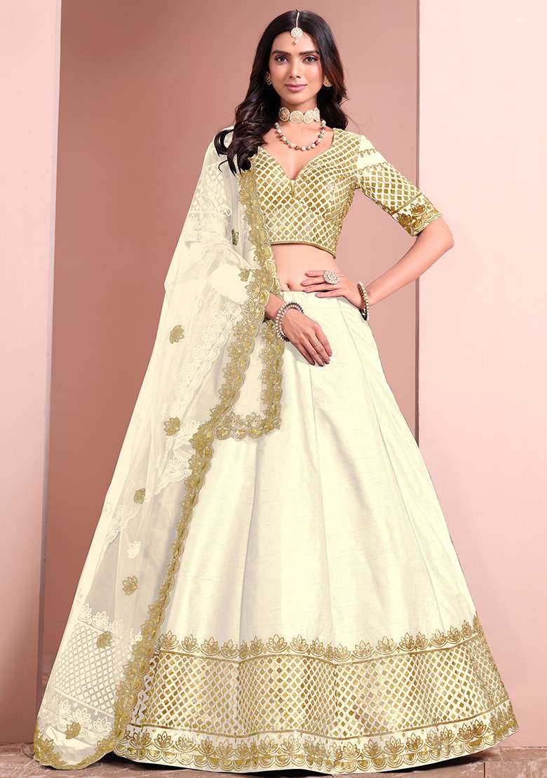 Off White Blend Art Silk Lehenga Set with Embroidered for Diwali | Wedding & Festive Wear - Indya