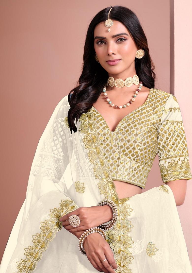 Off White Embroidered Art Silk Lehenga Set - Indya
