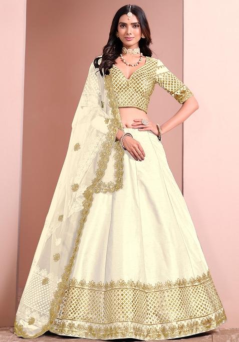Off White Embroidered Art Silk Lehenga Set — view on Indya