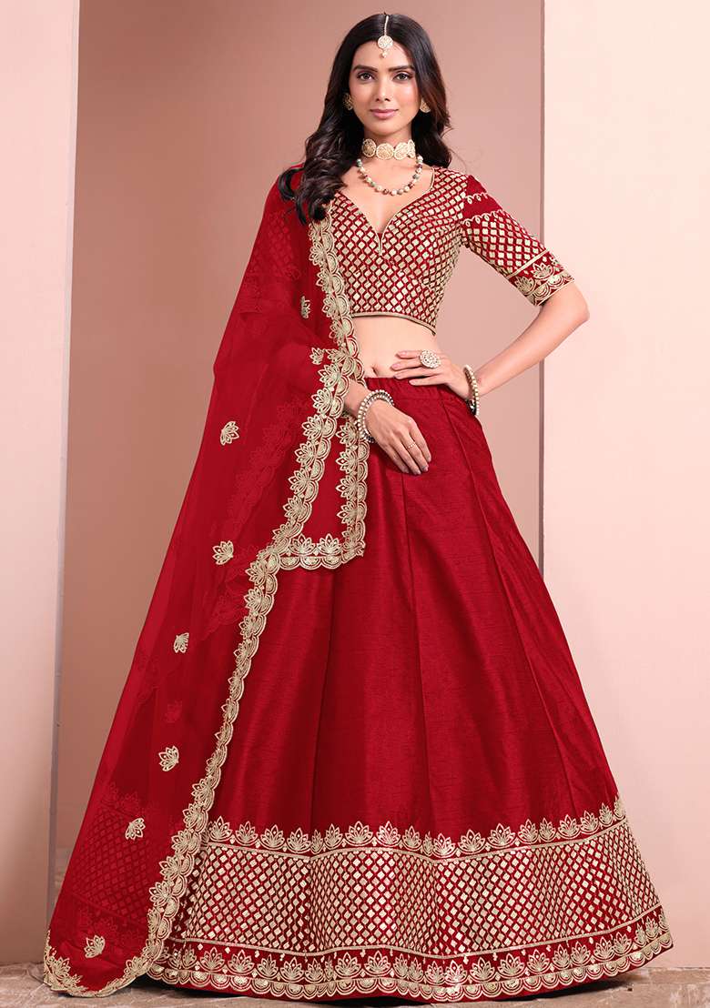 Red Embroidered Art Silk Lehenga Set for Diwali and Festive Wear - Indya