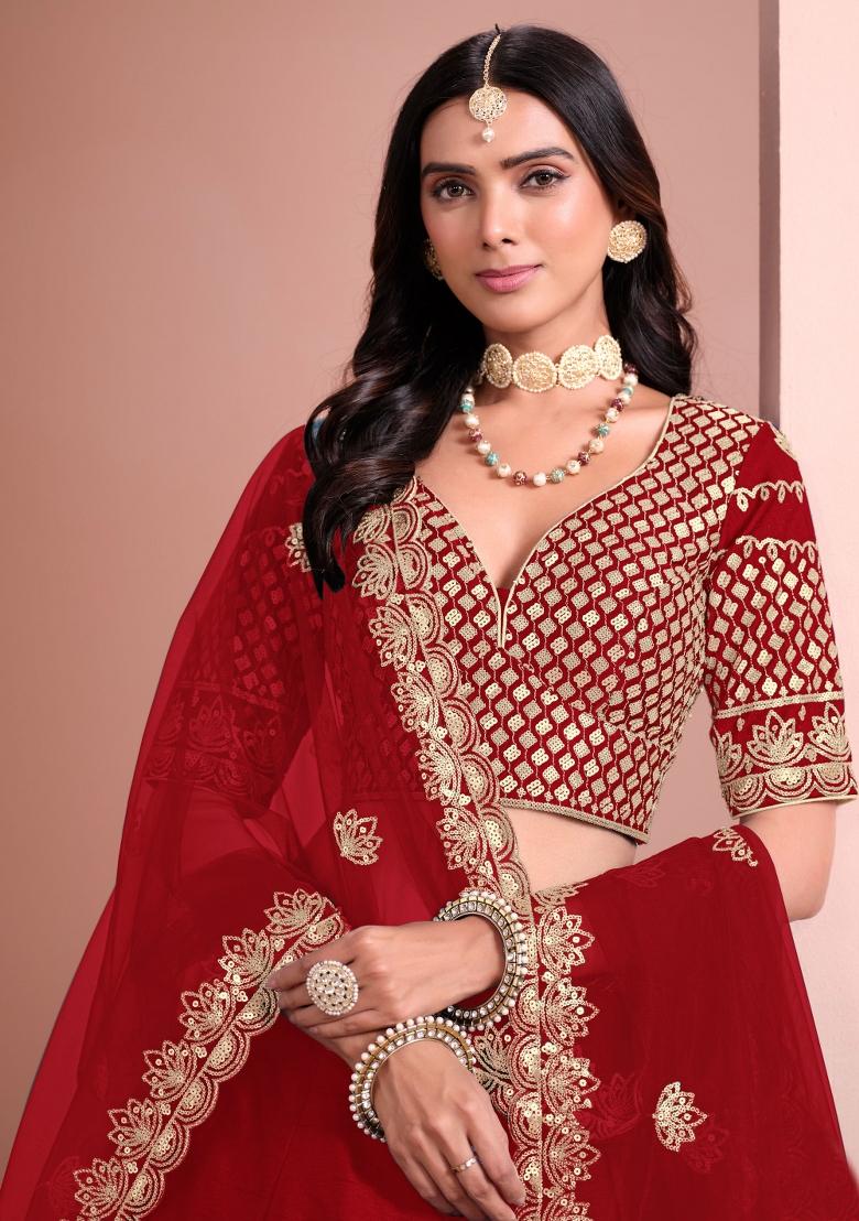 Red Embroidered Art Silk Lehenga Set - Indya