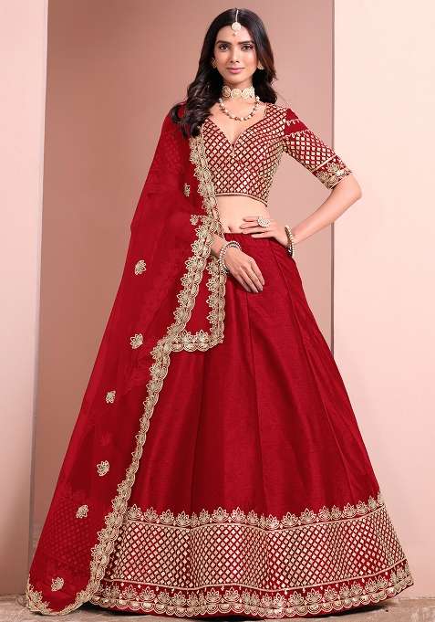 Red Embroidered Art Silk Lehenga Set for Diwali and Festive Wear