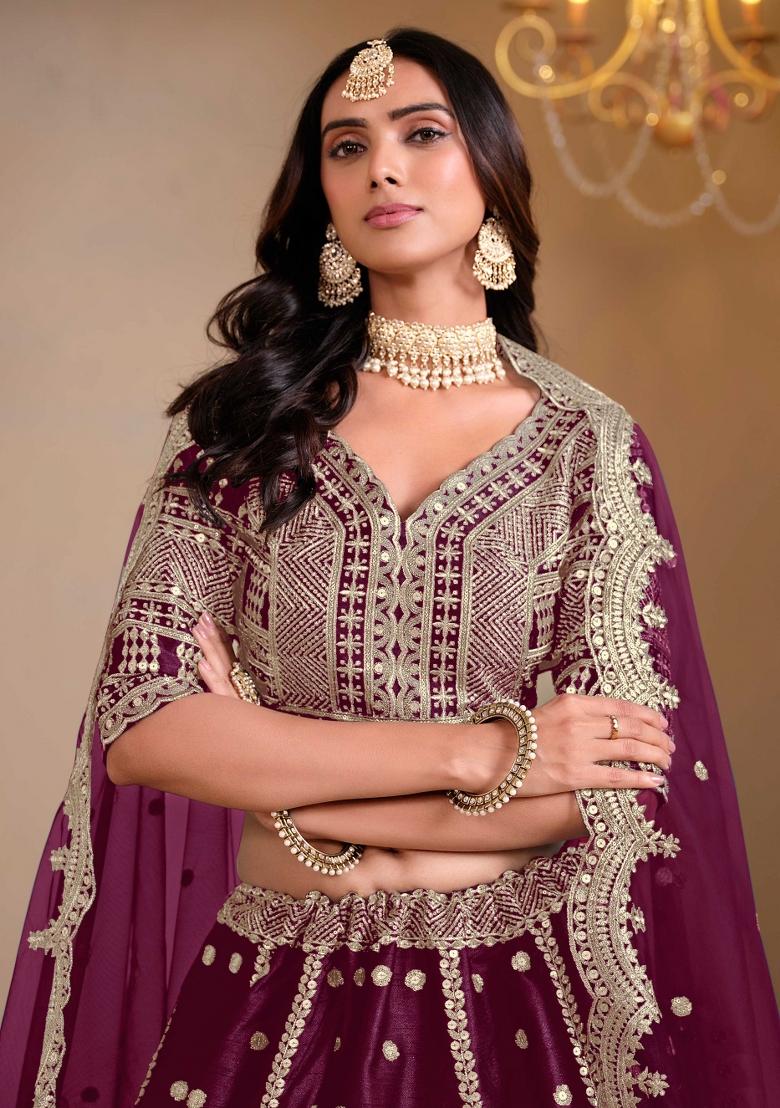 Purple Embroidered Art Silk Lehenga Set - Indya