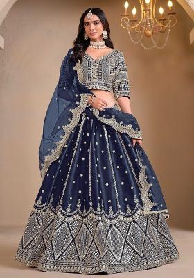 Blue Embroidered Art Silk Lehenga Set