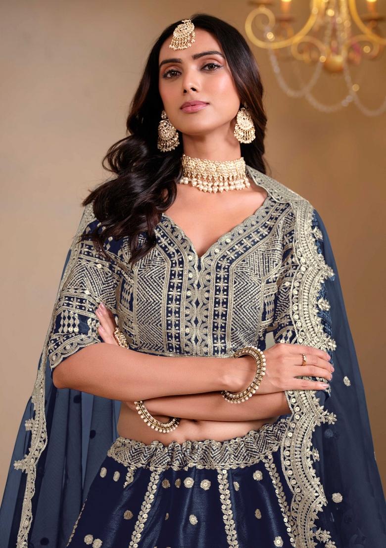 Blue Embroidered Art Silk Lehenga Set - Indya