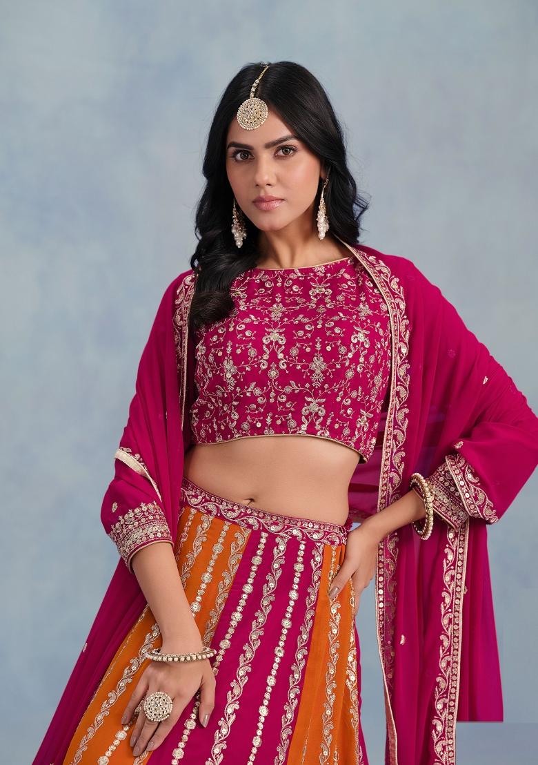 Pink Embroidered Georgette Lehenga Set - Indya