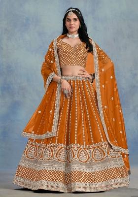 Orange Embroidered Art Silk Lehenga Set