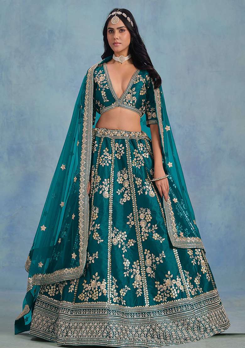 Rama Embroidered Art Silk Blend Lehenga Set for Diwali and Festive Wear - Indya