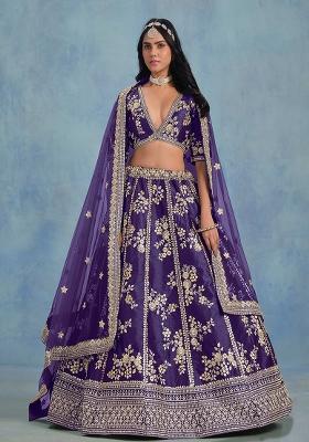 Purple Embroidered Art Silk Lehenga Set
