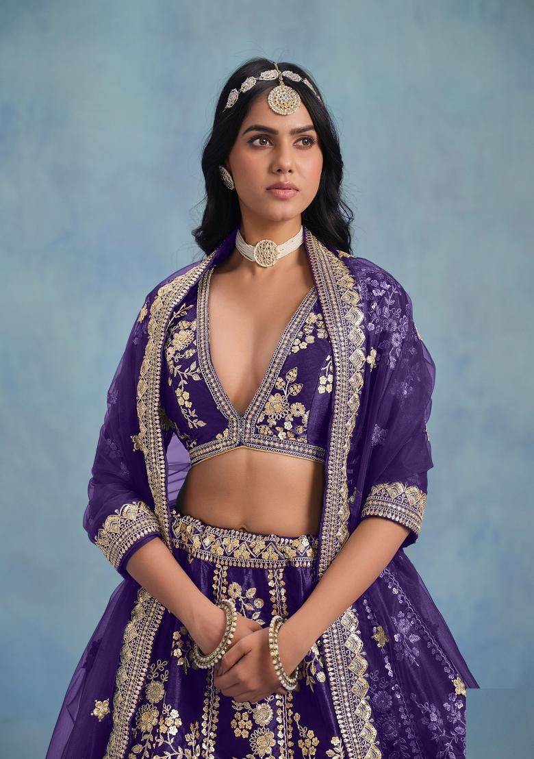 Purple Embroidered Art Silk Lehenga Set - Indya