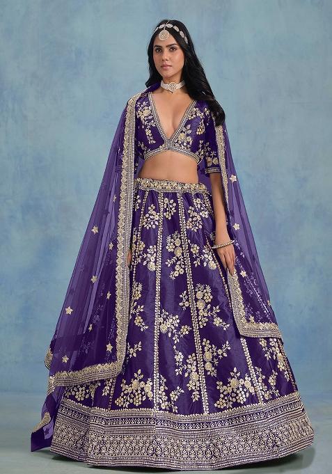 Purple Embroidered Art Silk Lehenga Set — view on Indya